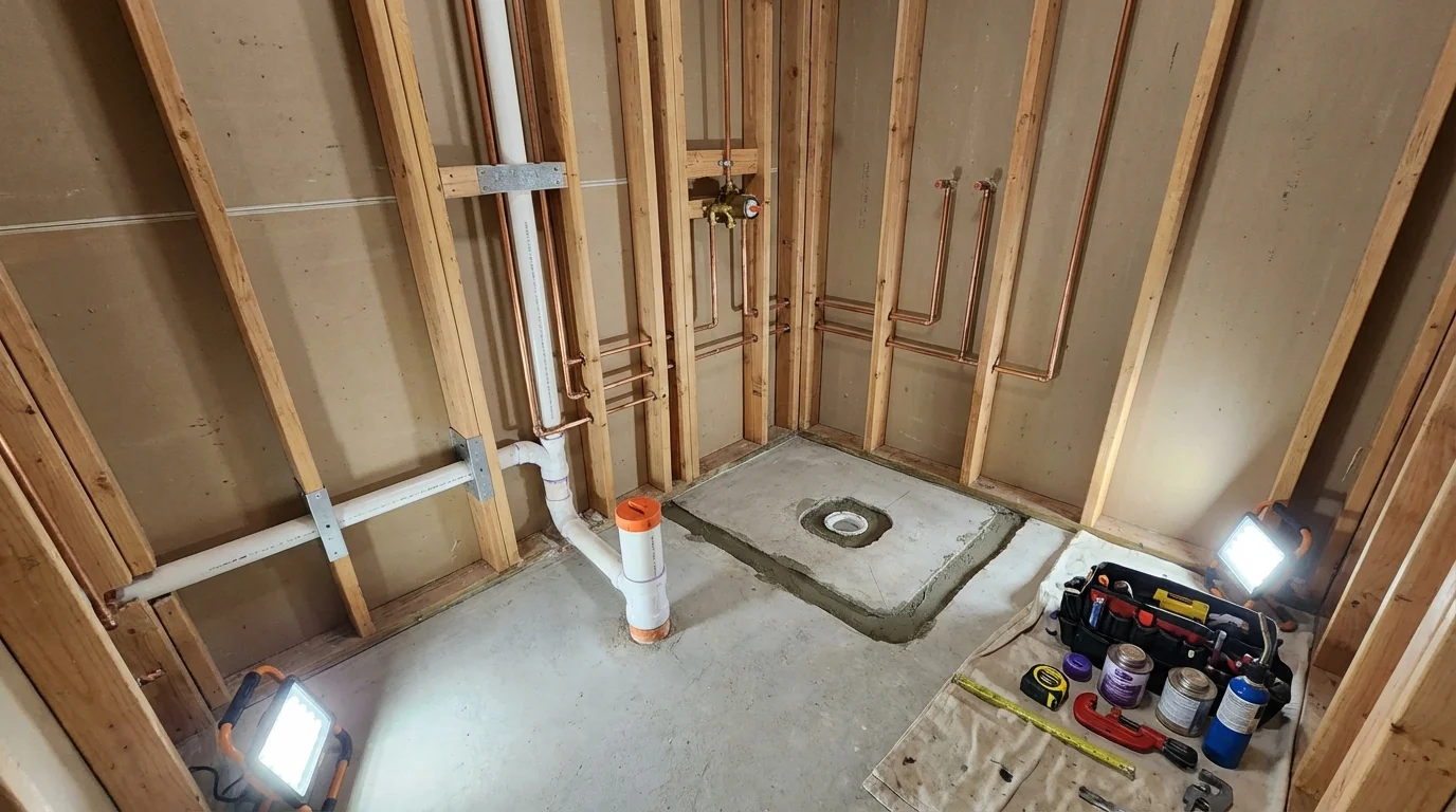 Bathroom rough-in plumbing during remodel by Johns Plumbing LLC in Ault