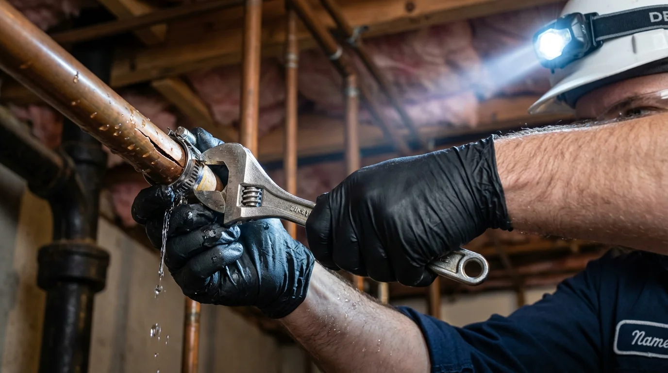 Emergency pipe clamp repair being performed by a Johns Plumbing LLC plumber in Ault
