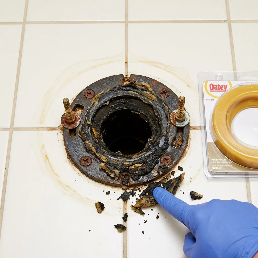 Failed wax ring showing water seepage at the base of a toilet in a Ault, CO home
